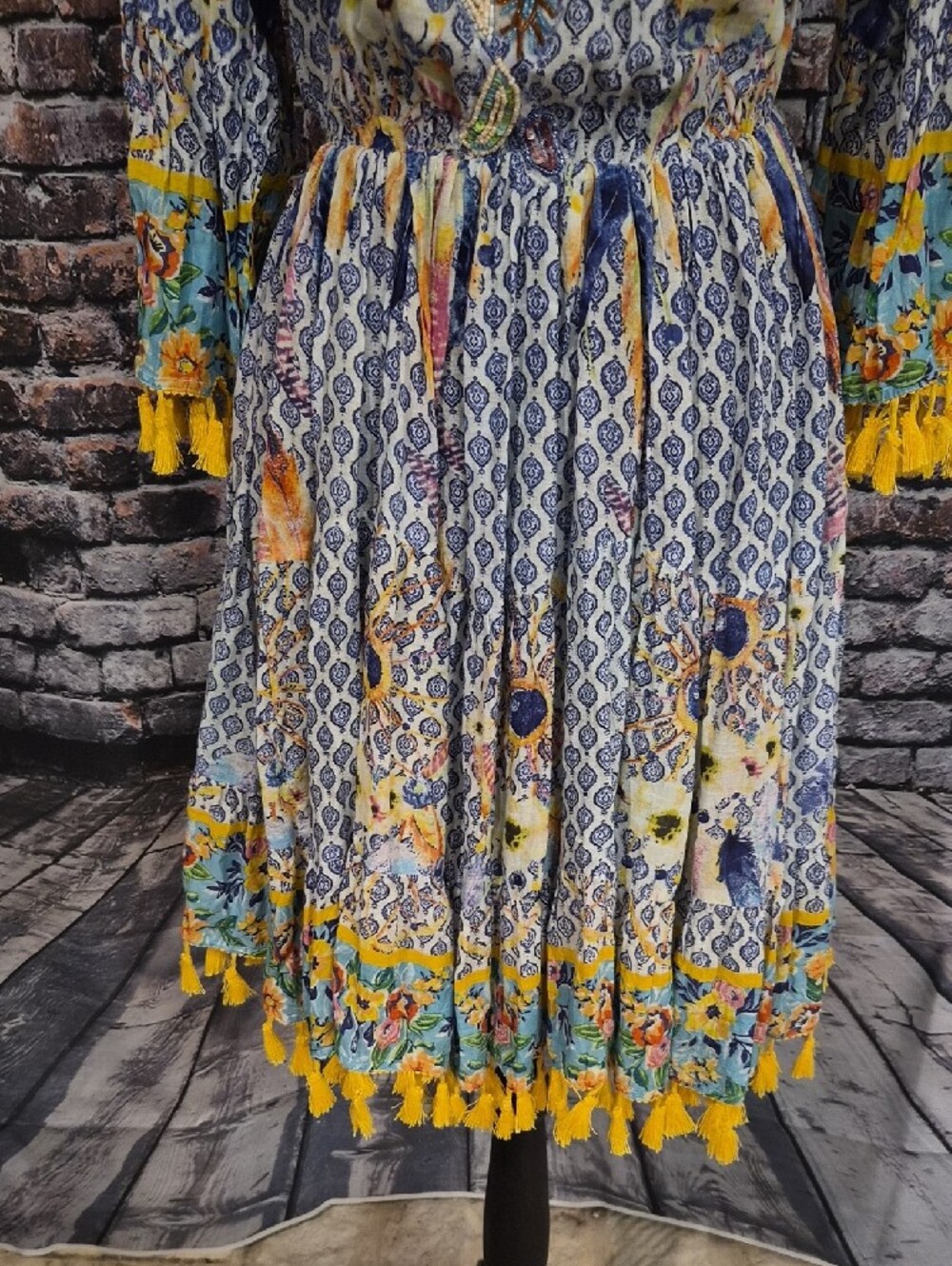 Antica Sortoria Embroidered Floral Long-Sleeve Tassel Dress in Blue and Yellow - Picture 7 of 12